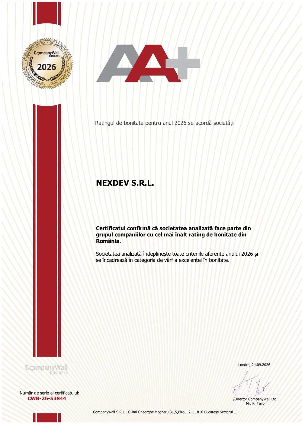 CompanyWall Business certificate of excellence in creditworthiness: credit rating AA+ for 2026 awarded to NexDev S.R.L., issued in London on 24 September 2026, certificate number CWB-26-53844.