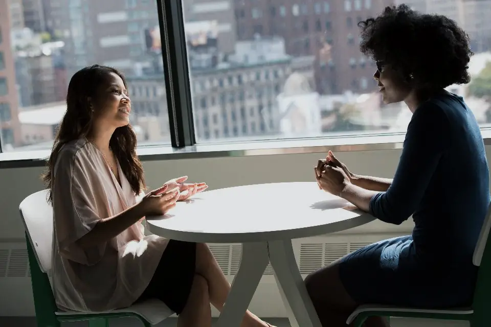 Two professionals in conversation across a table by an office window